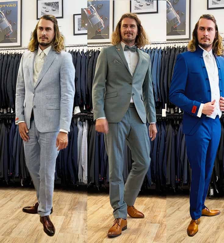 Hochzeitsanzüge in Hellgrau, Salbeigrün und Royalblau in der Herrenabteilung im Hochzeitshaus Schubert