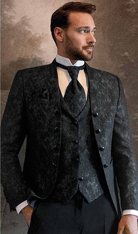 Schwarzer Hochzeitsanzug Tziacco Royal mit Barockmuster und Plastron