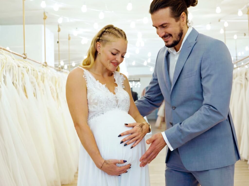 Hochzeitshaus Schubert – Brautmode & Hochzeitsanzüge 6 Schwangere Braut im Umstandsbrautkleid mit Spitze bei der Anprobe im Hochzeitshaus Schubert